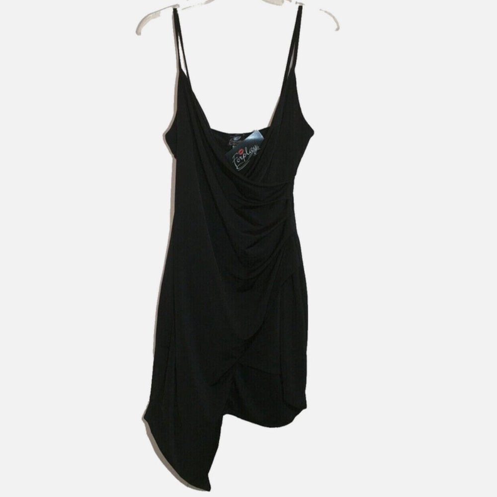 FORPLAY sz L Strappy LIttle Black Ruched Draped Front LBD Spaghetti Strap Dress